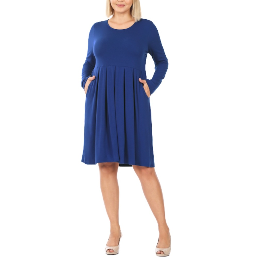 Mid Navy Plus Pleated Waist Long Sleeve Dress Plus